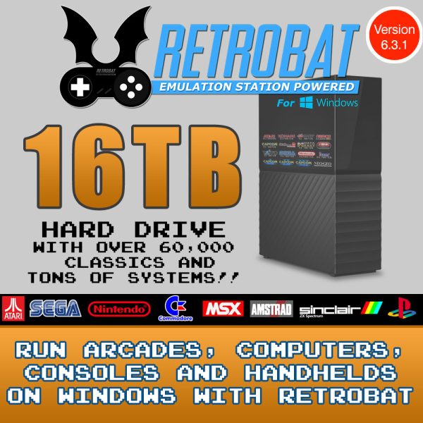 RetroBat 16TB Emulation Hard Drive for Windows - 60,000+ Titles